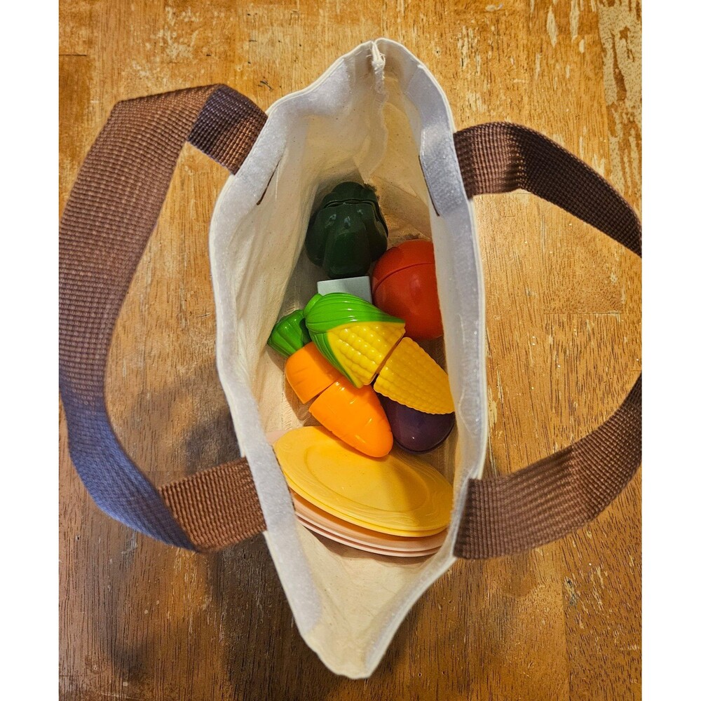 Play Food Set in Canvas Tote Bag Fruit Veggies Pretend Play Toys Learning Kids